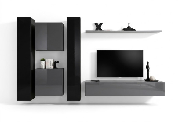 Mobile soggiorno grigio in stile design con 4 armadi a parete e scaffale a muro completo.