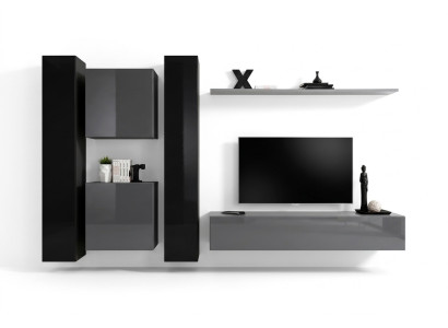 Mobile soggiorno grigio in stile design con 4 armadi a parete e scaffale a muro completo.