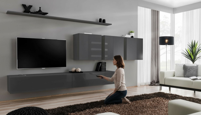 Mobile TV moderno grigio, credenza da designer, mobile in legno, armadio, armadio a parete.