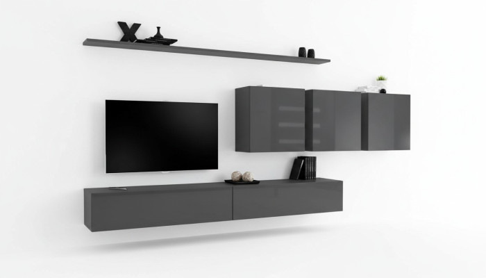 Mobile TV moderno grigio, credenza da designer, mobile in legno, armadio, armadio a parete.