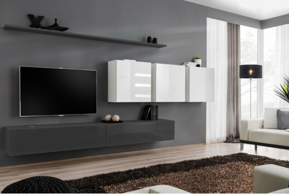 Mobili in legno grigio, parete attrezzata con supporto TV design, credenza lucida, e armadio a parete