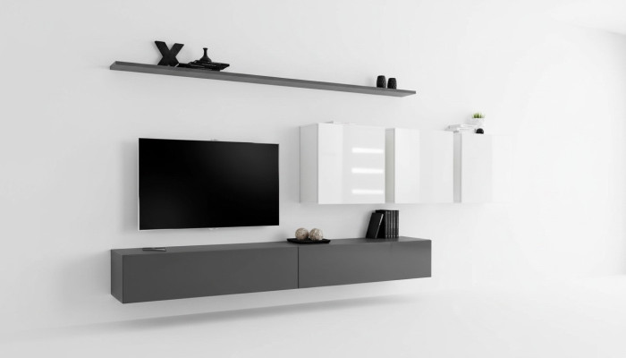 Mobili in legno grigio, parete attrezzata con supporto TV design, credenza lucida, e armadio a parete