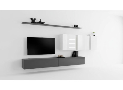Mobili in legno grigio, parete attrezzata con supporto TV design, credenza lucida, e armadio a parete