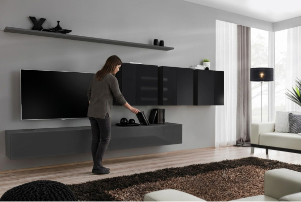 Mobile soggiorno grigio completo 7 pezzi, mobile in legno design credenza libreria a parete.