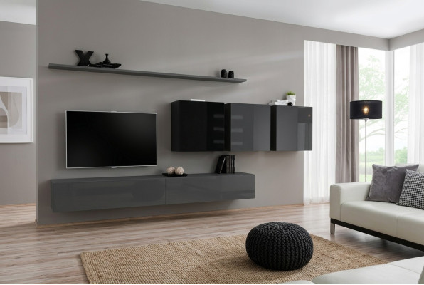 Mobile soggiorno grigio completo 7 pezzi, mobile in legno design credenza libreria a parete.