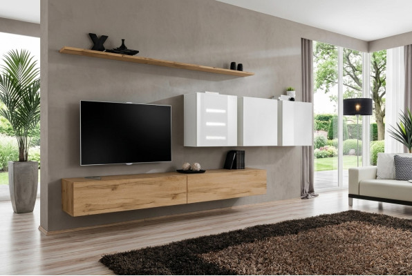 Set completo parete attrezzata moderna supporto TV credenza arredamento design mensola a parete