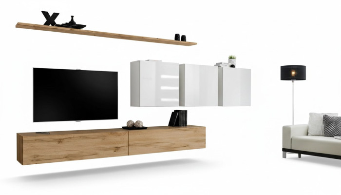 Set completo parete attrezzata moderna supporto TV credenza arredamento design mensola a parete