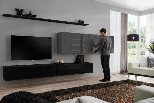 Mobili da soggiorno con design per TV, 3 armadi a parete, mobile porta TV, 7 pezzi.