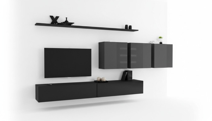 Mobili da soggiorno con design per TV, 3 armadi a parete, mobile porta TV, 7 pezzi.