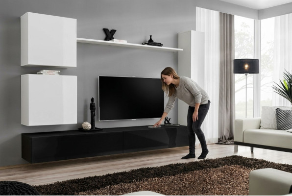 Mobile porta TV in stile designer con 3 armadi e 6 pezzi in legno.