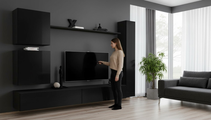 Lussuoso set di mobili in legno nero per parete, composto da 6 pezzi. Mobili da soggiorno di design.
