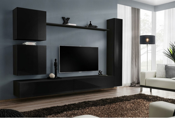 Lussuoso set di mobili in legno nero per parete, composto da 6 pezzi. Mobili da soggiorno di design.