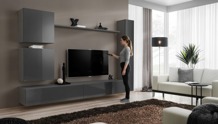 Mobiletto da parete di design in grigio, arredamento di lusso, mobili in legno moderni.