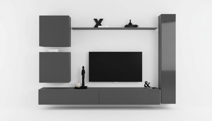 Mobiletto da parete di design in grigio, arredamento di lusso, mobili in legno moderni.