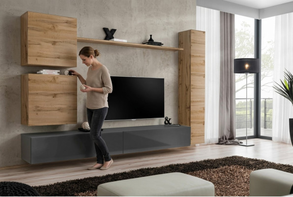 Arredatore di interni Designer Braun 3x Armadio a parete Set di mobili in legno di lusso Stand TV