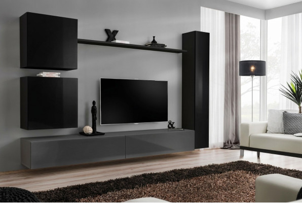 Mobile soggiorno con armadio a muro, set di design a parete 6 pezzi con mensola e buffet.