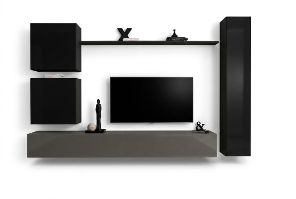 Mobile soggiorno con armadio a muro, set di design a parete 6 pezzi con mensola e buffet.