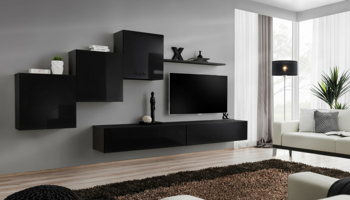 Set da soggiorno: parete attrezzata, pensili, supporto TV, mensola a muro, credenza completa.