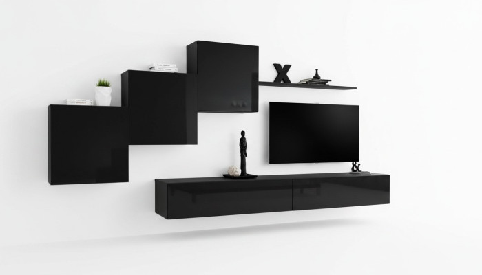 Set da soggiorno: parete attrezzata, pensili, supporto TV, mensola a muro, credenza completa.