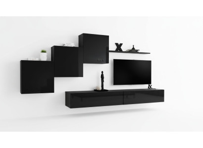 Set da soggiorno: parete attrezzata, pensili, supporto TV, mensola a muro, credenza completa.