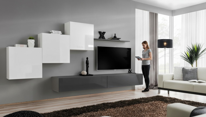 Mobile porta TV grigio design moderno con mensola a muro, nuovo.