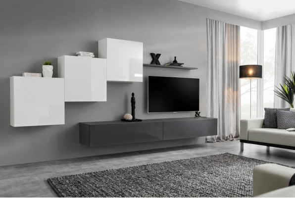 Mobile porta TV grigio design moderno con mensola a muro, nuovo.