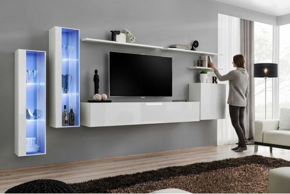 Bianco arredamento completo per soggiorno con supporto TV, design di lusso per soggiorno, armadio a parete.