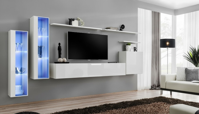 Bianco arredamento completo per soggiorno con supporto TV, design di lusso per soggiorno, armadio a parete.