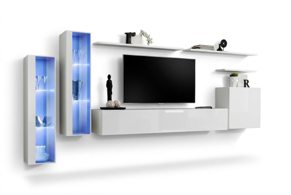 Bianco arredamento completo per soggiorno con supporto TV, design di lusso per soggiorno, armadio a parete.