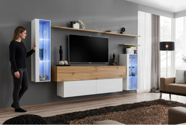 Moderno mobile soggiorno di lusso in legno con mensole a muro Mobili da soggiorno di design.