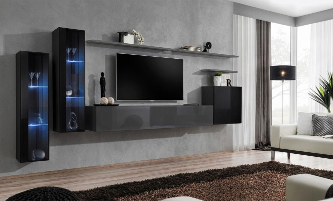 Soggiorno legno completo grigio porta TV design 3x pensile parete attrezzata di lusso
