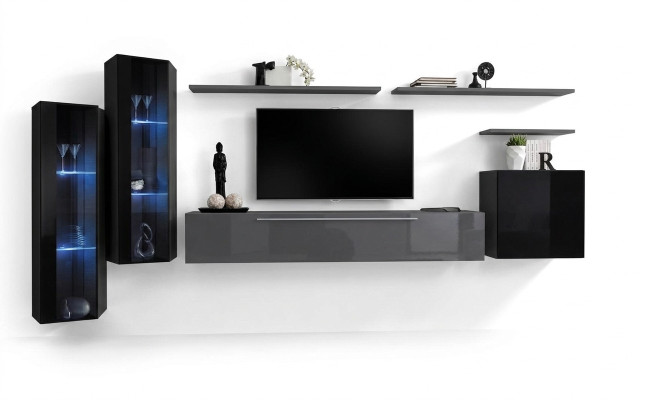Soggiorno legno completo grigio porta TV design 3x pensile parete attrezzata di lusso