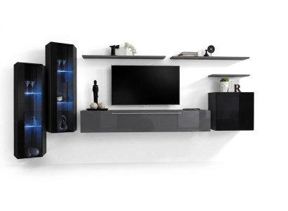 Soggiorno legno completo grigio porta TV design 3x pensile parete attrezzata di lusso