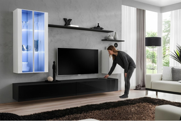 Soggiorno Nero Supporto TV Designer Completo Set Scaffale a Parete Moderno Nuovo Mobili