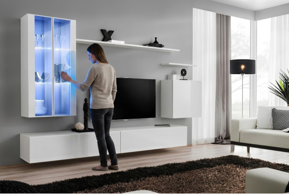 Mobile porta TV moderno, stile soggiorno, mobili design, 7 pezzi, 2 pensili.