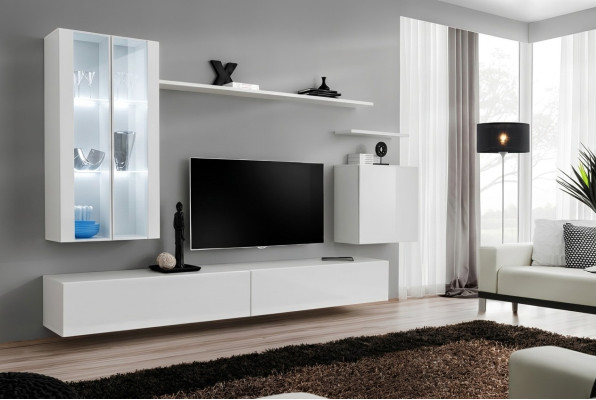 Mobile porta TV moderno, stile soggiorno, mobili design, 7 pezzi, 2 pensili.
