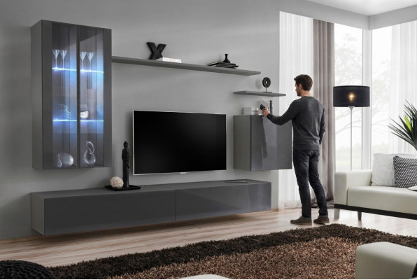 Mobili grigi per soggiorno, parete attrezzata, mobile in legno, mobile di lusso, nuovo.
