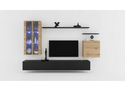 Mobile porta TV in legno nero con credenza a parete. Nuovo mobile in legno.