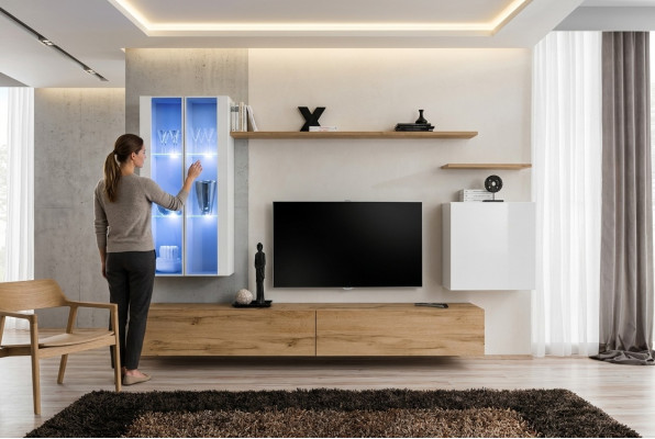 Mobili in legno, mobile TV, armadio a muro, arredamento soggiorno, set completo stile designer.