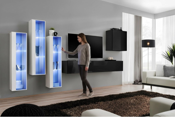 Mobile TV nero set parete 5 pezzi mobile TV in legno design nuovo