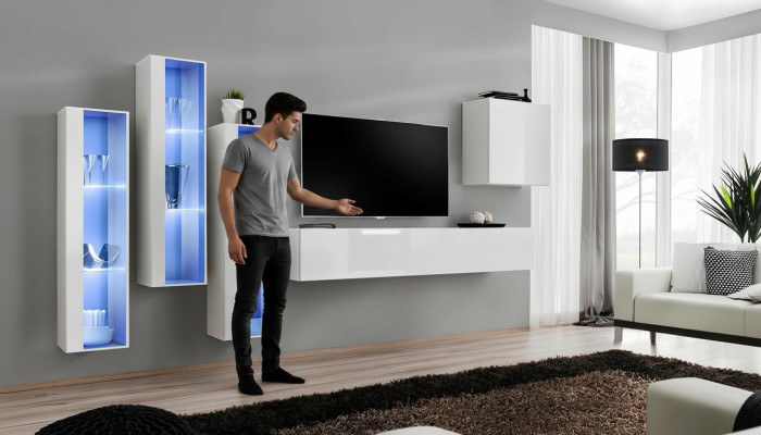 Mobili TV completi in bianco con design, sideboard, 4 armadi, mobile porta TV e supporto TV.