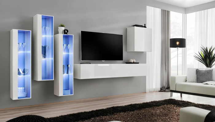 Mobili TV completi in bianco con design, sideboard, 4 armadi, mobile porta TV e supporto TV.