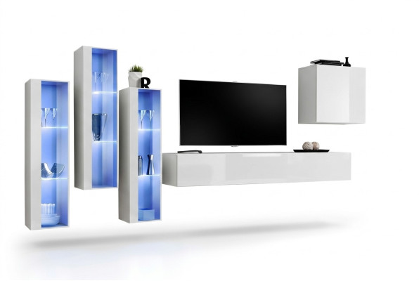 Mobili TV completi in bianco con design, sideboard, 4 armadi, mobile porta TV e supporto TV.
