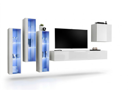 Mobili TV completi in bianco con design, sideboard, 4 armadi, mobile porta TV e supporto TV.