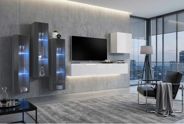 Set di mobili da soggiorno: design armadio soggiorno, credenza, mensola a muro, vetrina sospesa.
