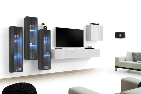 Set di mobili da soggiorno: design armadio soggiorno, credenza, mensola a muro, vetrina sospesa.