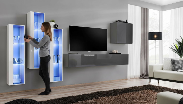 Mobile soggiorno grigio moderno lucido supporto TV in legno arredamento set