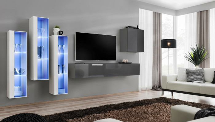 Mobile soggiorno grigio moderno lucido supporto TV in legno arredamento set