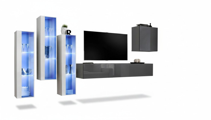 Mobile soggiorno grigio moderno lucido supporto TV in legno arredamento set