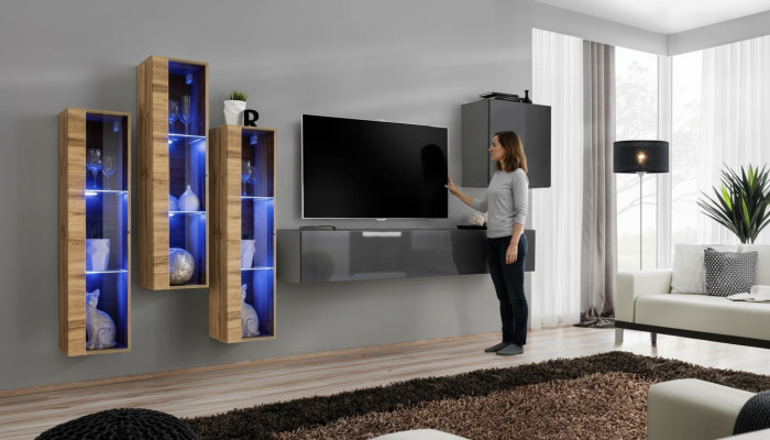 Mobile porta TV lucido grigio set da soggiorno con parete attrezzata di lusso.